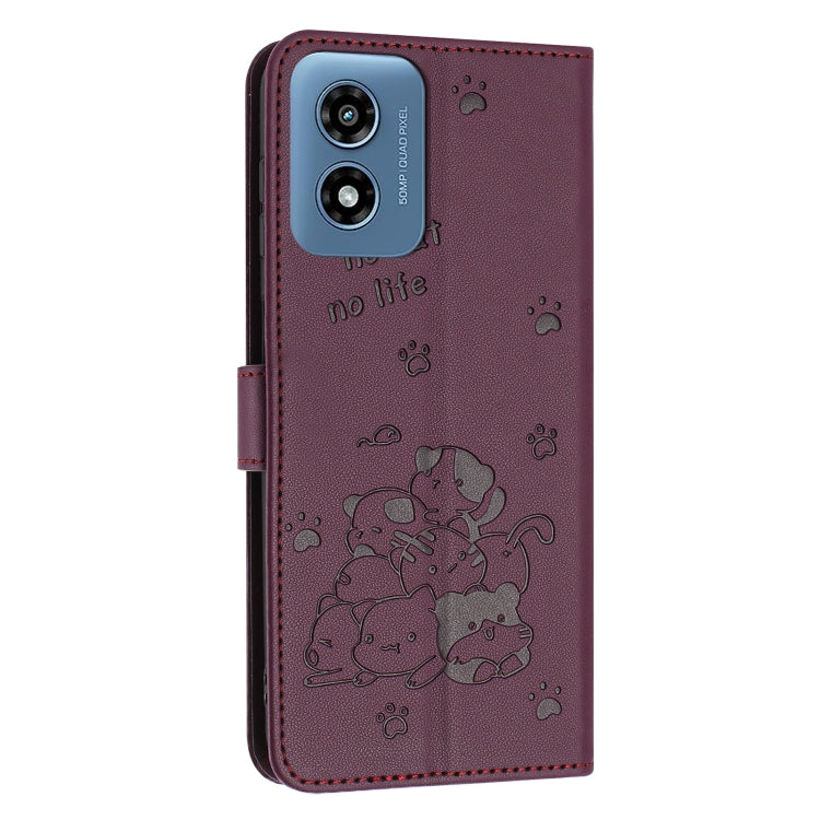 For Motorola Moto G Play 4G 2024 Embossed Kitten Phone Leather Case with Lanyard(Wine Red)
