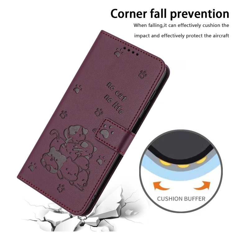 For Motorola Moto G Play 4G 2024 Embossed Kitten Phone Leather Case with Lanyard(Wine Red)