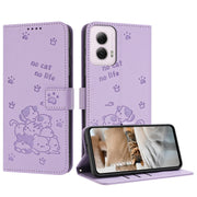 For Motorola Moto G Power 5G 2024 Embossed Kitten Phone Leather Case with Lanyard(Purple)