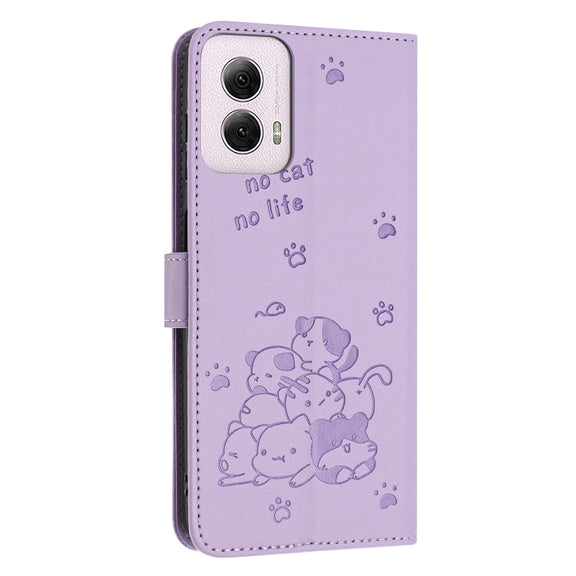 For Motorola Moto G Power 5G 2024 Embossed Kitten Phone Leather Case with Lanyard(Purple)