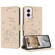 For Motorola Moto G Power 5G 2024 Embossed Kitten Phone Leather Case with Lanyard(Beige)