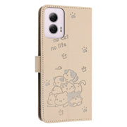 For Motorola Moto G Power 5G 2024 Embossed Kitten Phone Leather Case with Lanyard(Beige)