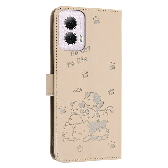 For Motorola Moto G Power 5G 2024 Embossed Kitten Phone Leather Case with Lanyard(Beige)