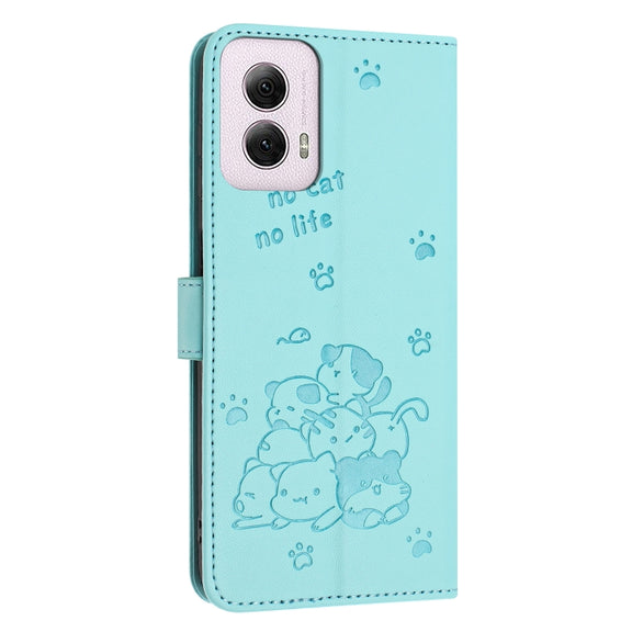 For Motorola Moto G Power 5G 2024 Embossed Kitten Phone Leather Case with Lanyard(Mint Green)