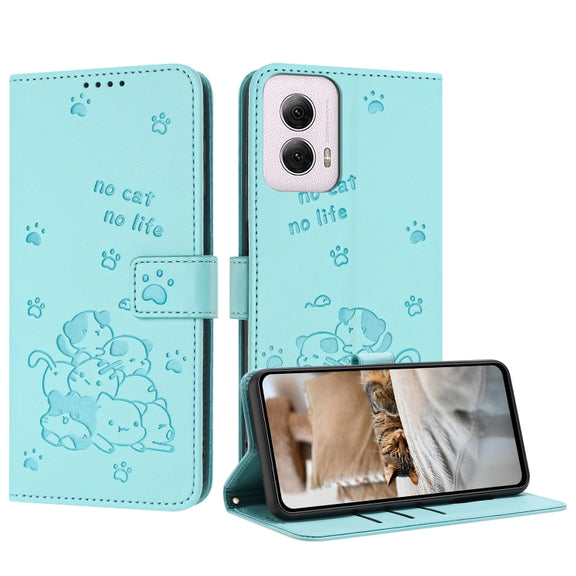 For Motorola Moto G Power 5G 2024 Embossed Kitten Phone Leather Case with Lanyard(Mint Green)
