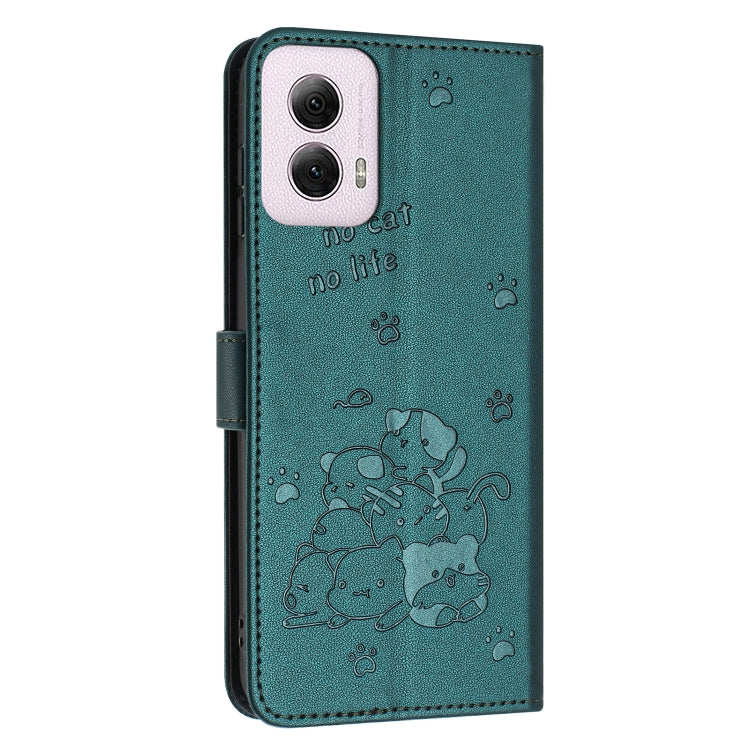 For Motorola Moto G Power 5G 2024 Embossed Kitten Phone Leather Case with Lanyard(Dark Green)