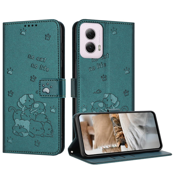 For Motorola Moto G Power 5G 2024 Embossed Kitten Phone Leather Case with Lanyard(Dark Green)