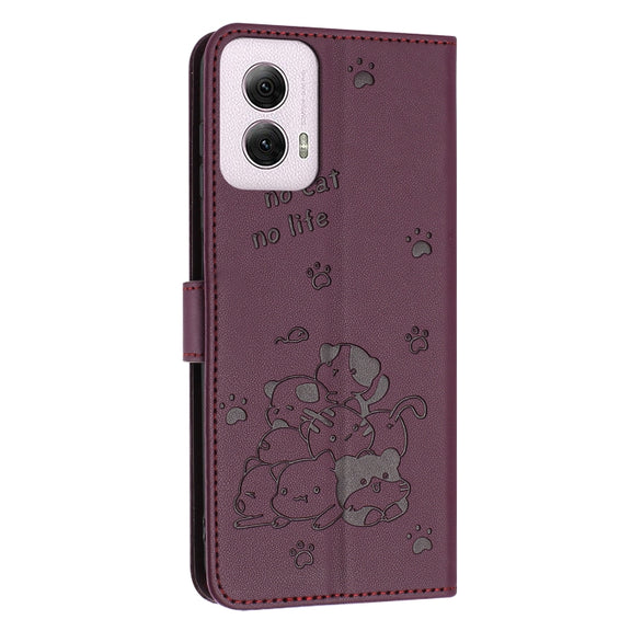 For Motorola Moto G Power 5G 2024 Embossed Kitten Phone Leather Case with Lanyard(Wine Red)