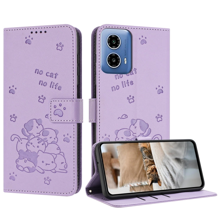 For Motorola Moto G Stylus 5G 2024 Embossed Kitten Phone Leather Case with Lanyard(Purple) - Motorola Cases by PMC Jewellery | Online Shopping South Africa | PMC Jewellery | Buy Now Pay Later Mobicred
