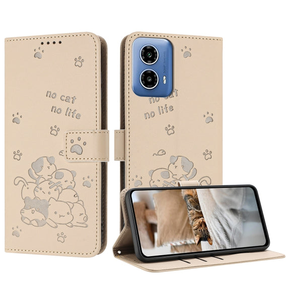 For Motorola Moto G Stylus 5G 2024 Embossed Kitten Phone Leather Case with Lanyard(Beige)