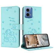 For Motorola Moto G Stylus 5G 2024 Embossed Kitten Phone Leather Case with Lanyard(Mint Green)