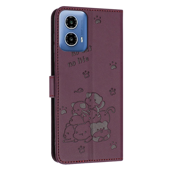 For Motorola Moto G Stylus 5G 2024 Embossed Kitten Phone Leather Case with Lanyard(Wine Red)