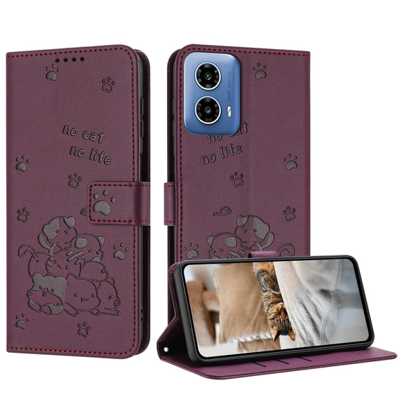 For Motorola Moto G Stylus 5G 2024 Embossed Kitten Phone Leather Case with Lanyard(Wine Red)