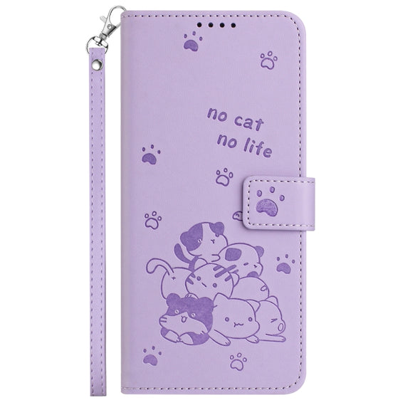 For Samsung Galaxy S25+ / S24+ 5G Embossed Kitten Phone Leather Case with Lanyard(Purple)