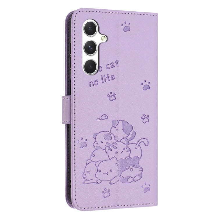 For Samsung Galaxy S25+ / S24+ 5G Embossed Kitten Phone Leather Case with Lanyard(Purple)