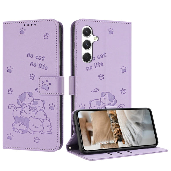 For Samsung Galaxy S25+ / S24+ 5G Embossed Kitten Phone Leather Case with Lanyard(Purple)