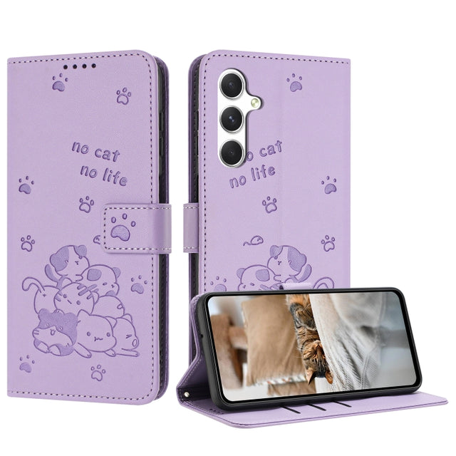 For Samsung Galaxy S25+ / S24+ 5G Embossed Kitten Phone Leather Case with Lanyard(Purple)