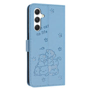 For Samsung Galaxy S25+ / S24+ 5G Embossed Kitten Phone Leather Case with Lanyard(Blue)