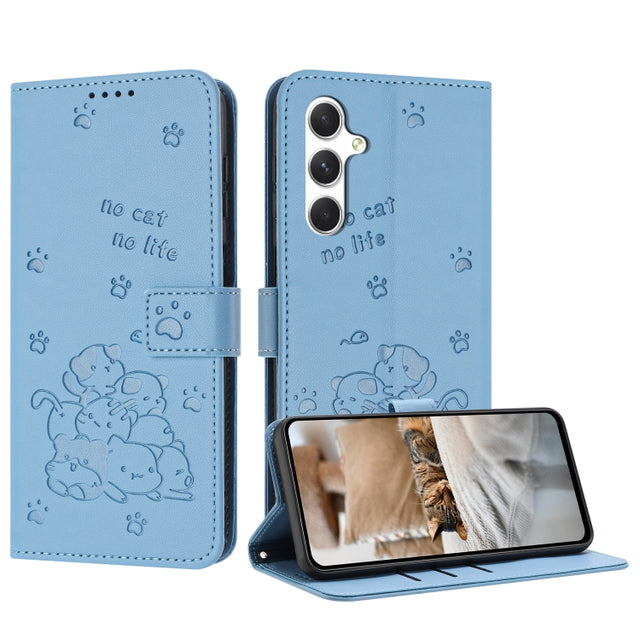 For Samsung Galaxy S25+ / S24+ 5G Embossed Kitten Phone Leather Case with Lanyard(Blue)