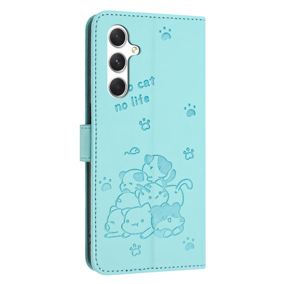 For Samsung Galaxy S25+ / S24+ 5G Embossed Kitten Phone Leather Case with Lanyard(Mint Green)