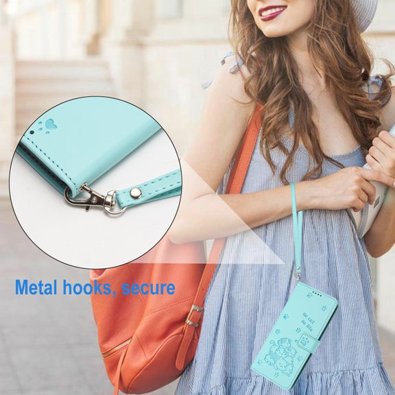 For Samsung Galaxy S25+ / S24+ 5G Embossed Kitten Phone Leather Case with Lanyard(Mint Green)