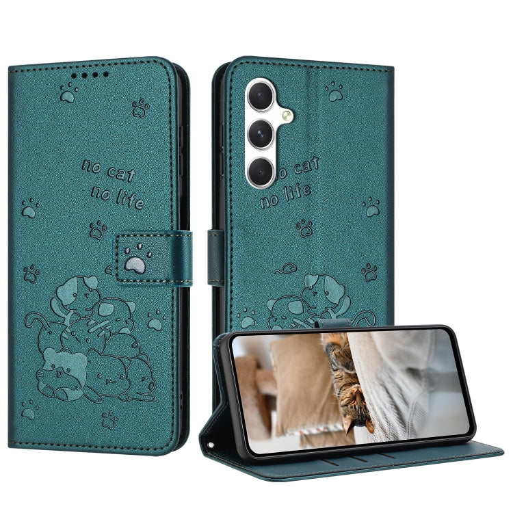 For Samsung Galaxy S25+ / S24+ 5G Embossed Kitten Phone Leather Case with Lanyard(Dark Green) - Galaxy S24+ 5G Cases by PMC TechLife | Online Shopping South Africa | PMC TechLife | Buy Now Pay Later Mobicred