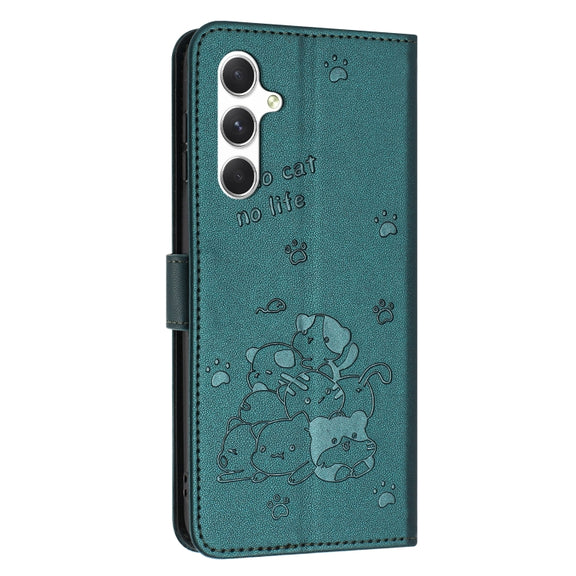 For Samsung Galaxy S25+ / S24+ 5G Embossed Kitten Phone Leather Case with Lanyard(Dark Green)