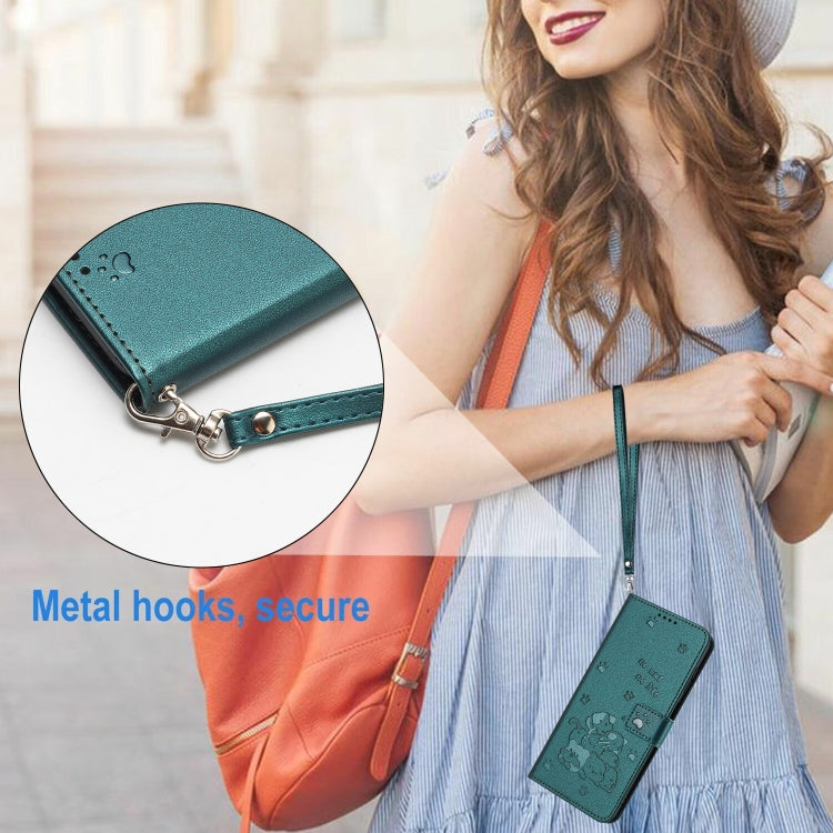 For Samsung Galaxy S25+ / S24+ 5G Embossed Kitten Phone Leather Case with Lanyard(Dark Green)