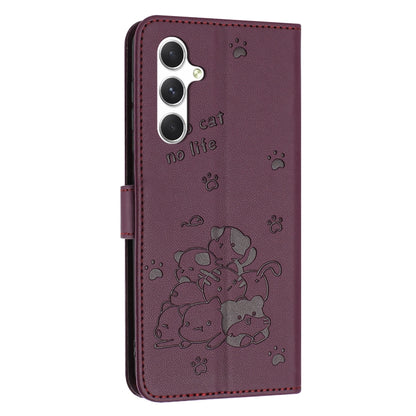 For Samsung Galaxy S25+ / S24+ 5G Embossed Kitten Phone Leather Case with Lanyard(Wine Red) - Galaxy S24+ 5G Cases by PMC Jewellery | Online Shopping South Africa | PMC Jewellery | Buy Now Pay Later Mobicred