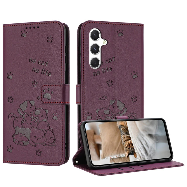 For Samsung Galaxy S25+ / S24+ 5G Embossed Kitten Phone Leather Case with Lanyard(Wine Red)
