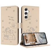 For Samsung Galaxy S25 / S24 5G Embossed Kitten Phone Leather Case with Lanyard(Beige)
