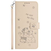 For Samsung Galaxy S25 / S24 5G Embossed Kitten Phone Leather Case with Lanyard(Beige)