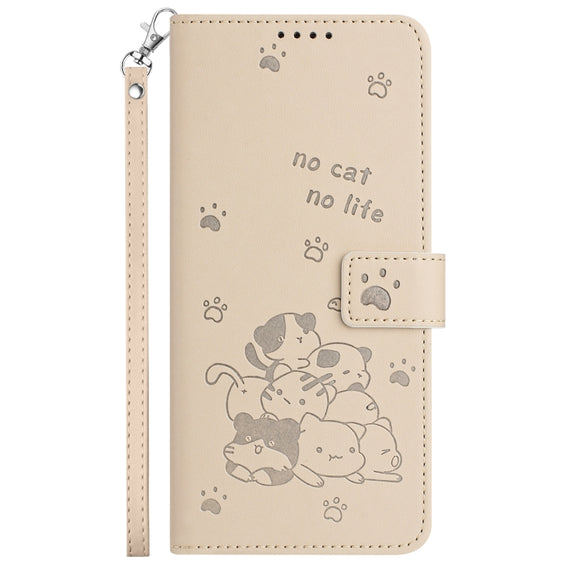 For Samsung Galaxy S25 / S24 5G Embossed Kitten Phone Leather Case with Lanyard(Beige)
