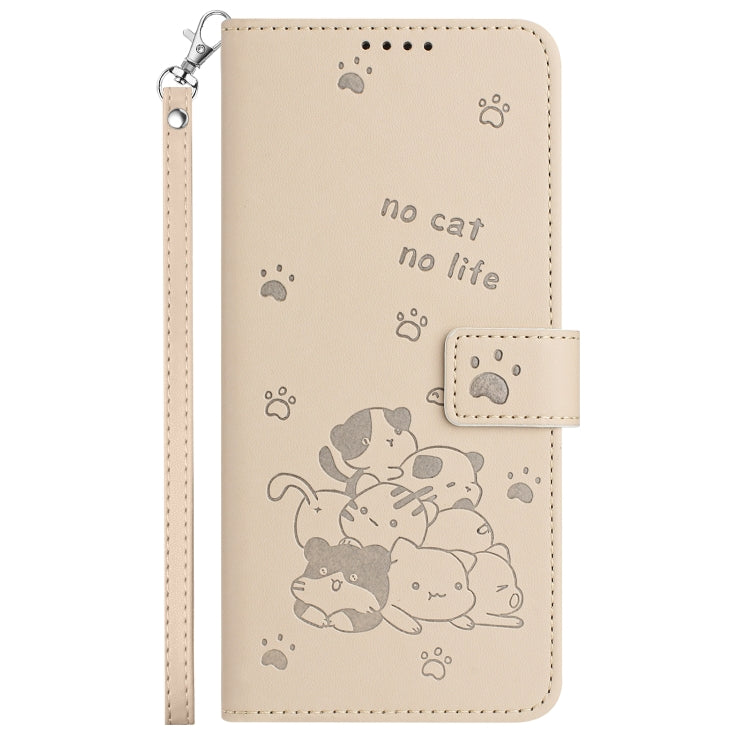 For Samsung Galaxy S25 / S24 5G Embossed Kitten Phone Leather Case with Lanyard(Beige)