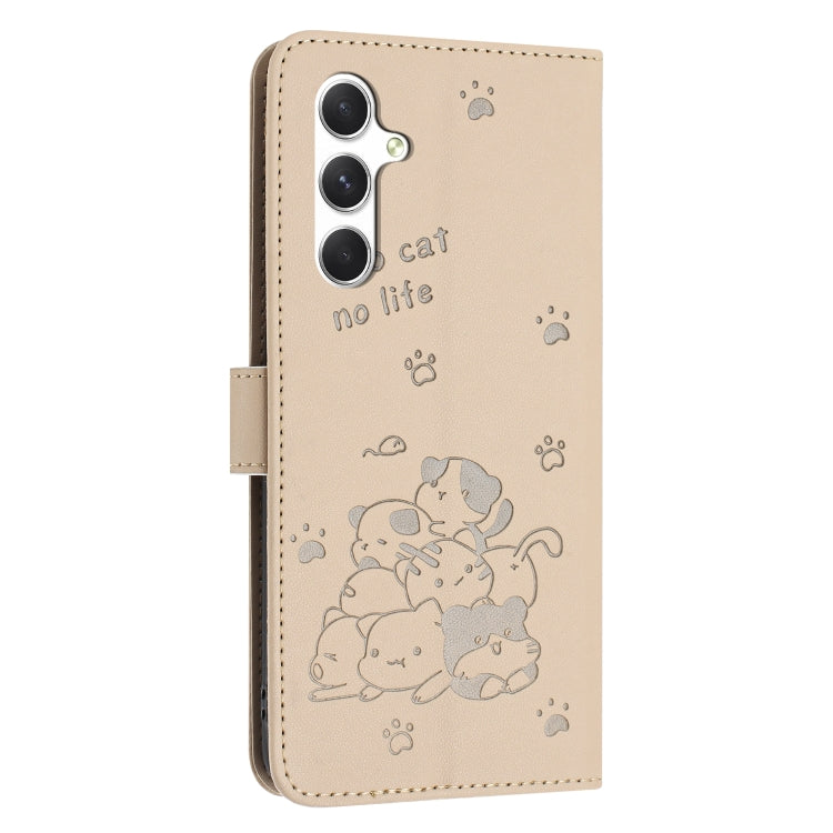 For Samsung Galaxy S25 / S24 5G Embossed Kitten Phone Leather Case with Lanyard(Beige)