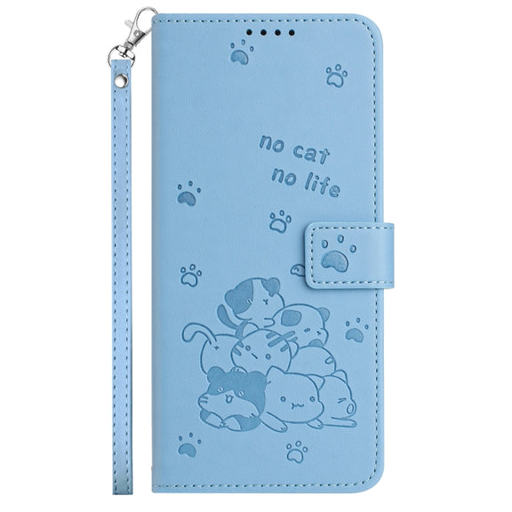 For Samsung Galaxy S25 / S24 5G Embossed Kitten Phone Leather Case with Lanyard(Blue)