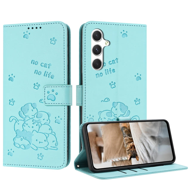 For Samsung Galaxy S25 / S24 5G Embossed Kitten Phone Leather Case with Lanyard(Mint Green)