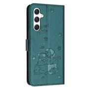 For Samsung Galaxy S25 / S24 5G Embossed Kitten Phone Leather Case with Lanyard(Dark Green)