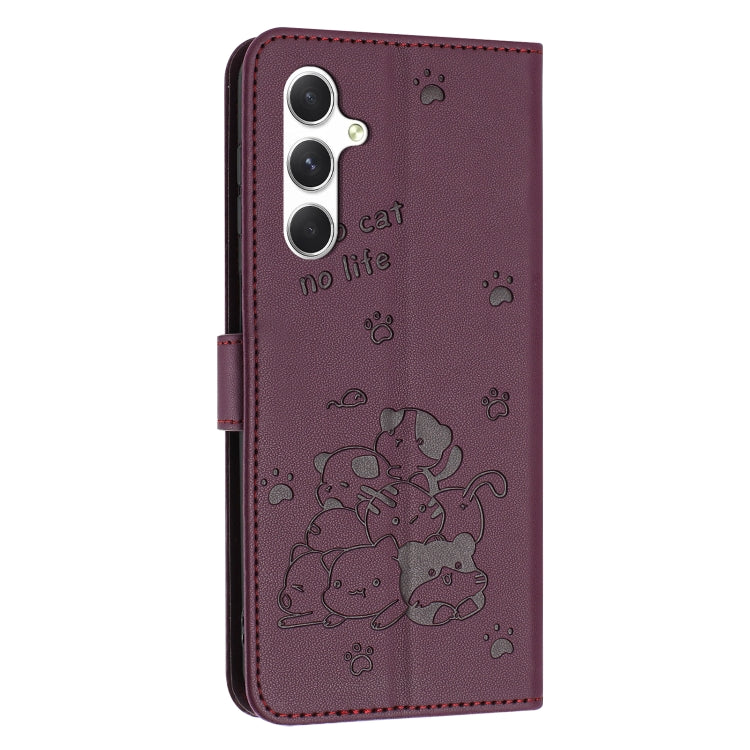 For Samsung Galaxy S25 / S24 5G Embossed Kitten Phone Leather Case with Lanyard(Wine Red) - Galaxy S24 5G Cases by PMC Jewellery | Online Shopping South Africa | PMC Jewellery | Buy Now Pay Later Mobicred