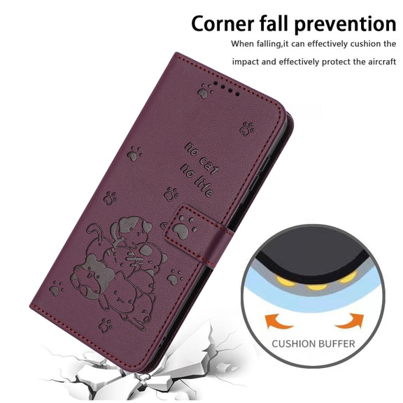 For Samsung Galaxy S25 / S24 5G Embossed Kitten Phone Leather Case with Lanyard(Wine Red)