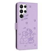 For Samsung Galaxy S25 Ultra 5G Embossed Kitten Phone Leather Case with Lanyard(Purple)