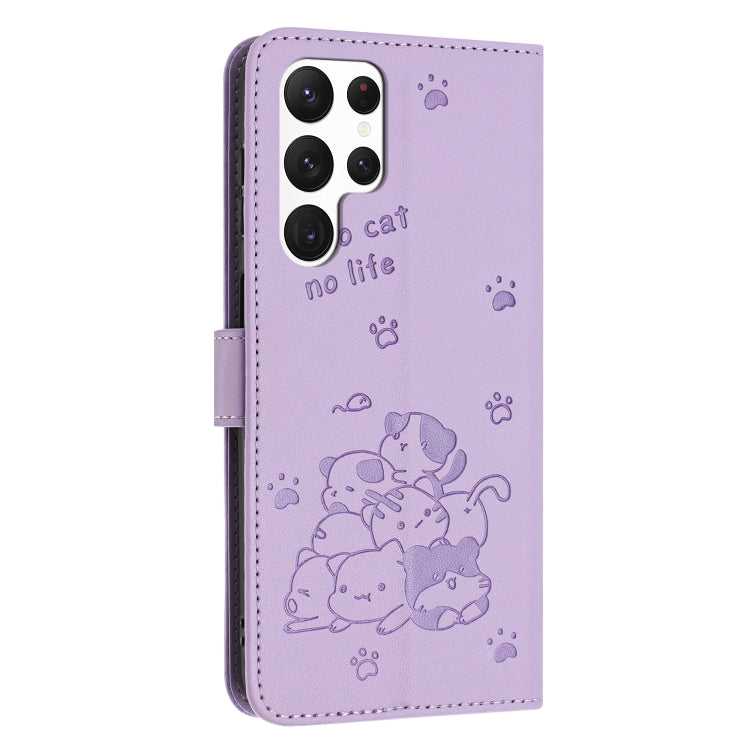 For Samsung Galaxy S25 Ultra 5G Embossed Kitten Phone Leather Case with Lanyard(Purple)