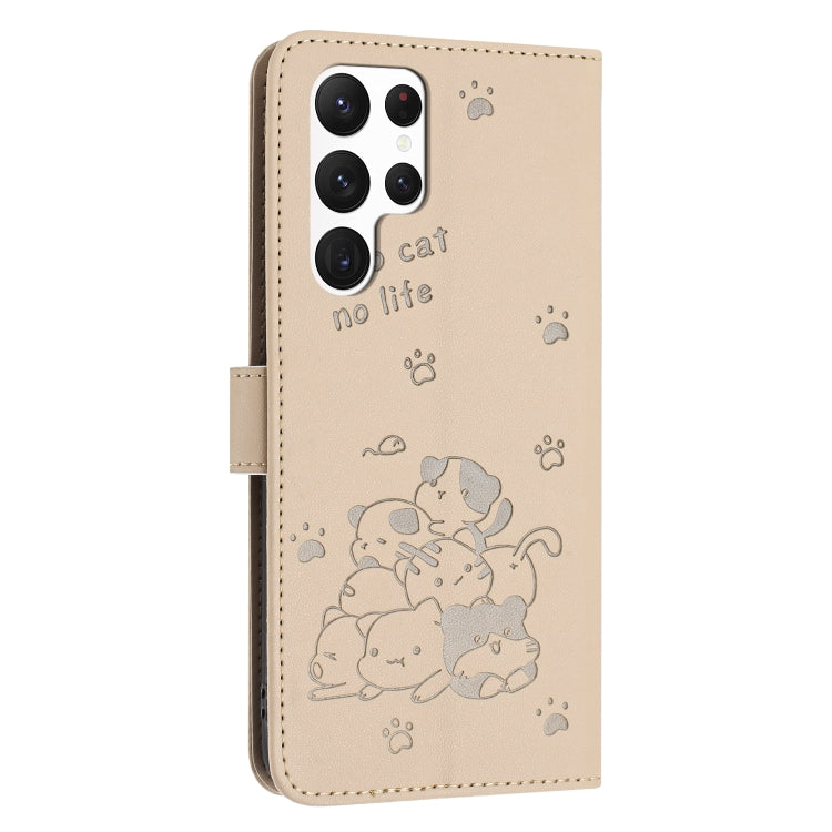 For Samsung Galaxy S25 Ultra 5G Embossed Kitten Phone Leather Case with Lanyard(Beige) - Galaxy S25 Ultra 5G Cases by PMC TechLife | Online Shopping South Africa | PMC TechLife | Buy Now Pay Later Mobicred