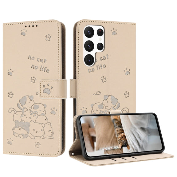 For Samsung Galaxy S25 Ultra 5G Embossed Kitten Phone Leather Case with Lanyard(Beige)