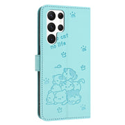 For Samsung Galaxy S25 Ultra 5G Embossed Kitten Phone Leather Case with Lanyard(Mint Green)