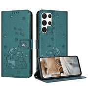 For Samsung Galaxy S25 Ultra 5G Embossed Kitten Phone Leather Case with Lanyard(Dark Green)