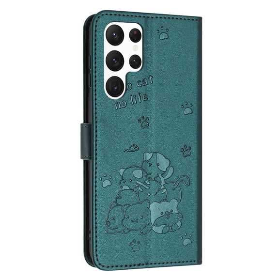 For Samsung Galaxy S25 Ultra 5G Embossed Kitten Phone Leather Case with Lanyard(Dark Green)