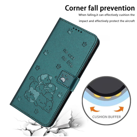 For Samsung Galaxy S25 Ultra 5G Embossed Kitten Phone Leather Case with Lanyard(Dark Green)