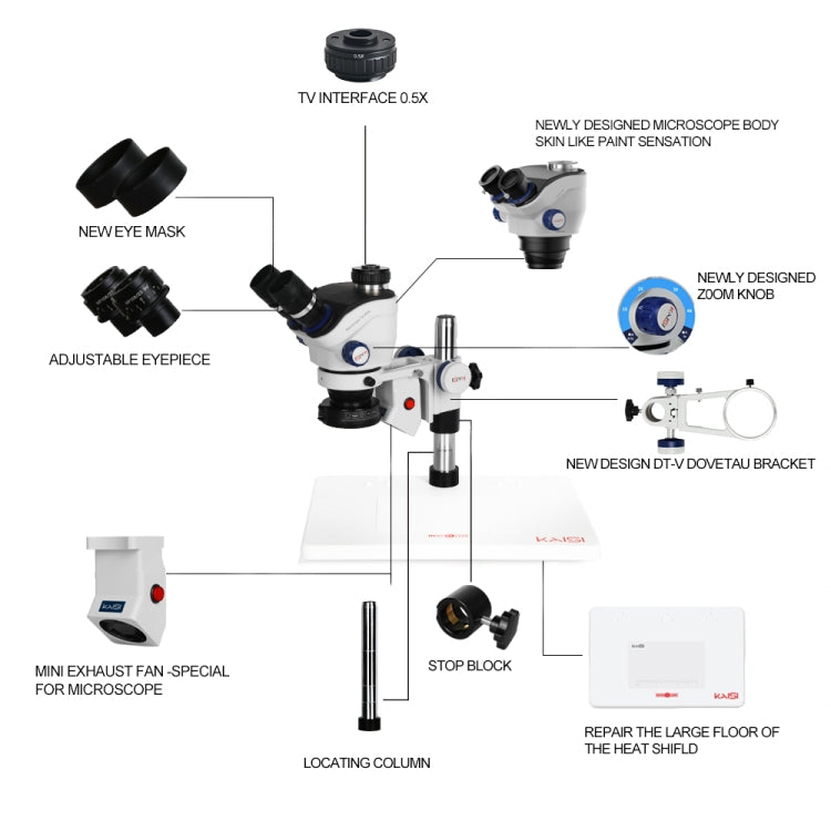 Kaisi TX-350E Ver1.3 7X-50X Zoom Trinocular Stereo Microscope with Big Base & 4K Camera - free shipping - PMc TechLife - Order now!