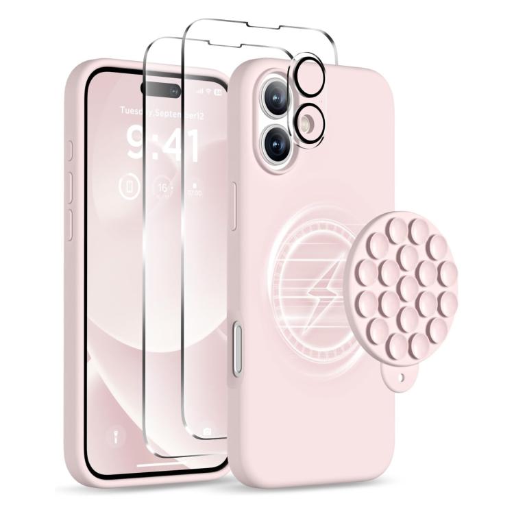 For iPhone 16 Plus Silicone Suction Cup MagSafe Phone Case with Screen Film & Lens Film(Pink) - free shipping - PMC Jewellery - Order now!